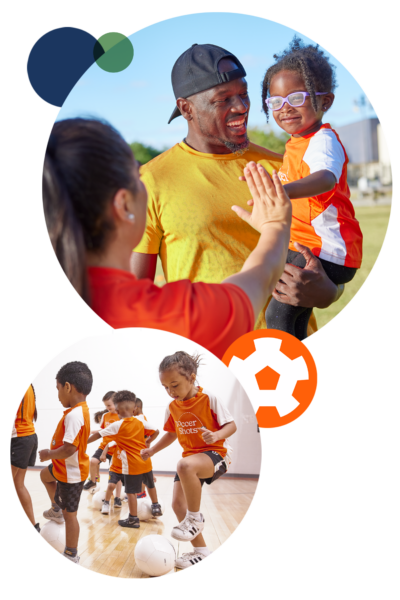 Two images. One is a father holding his daughter while she gives a Soccer Shots coach a high-five. Second image are kids indoors practicing toe taps.